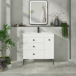 Royal Bathrooms Verona 800mm Gloss White Floor Standing Vanity Unit 3 Drawer & Side Pull Out Storage Ceramic Basin - Black Knob - thumbnail 4