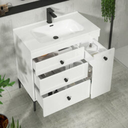 Royal Bathrooms Verona 800mm Gloss White Floor Standing Vanity Unit 3 Drawer & Side Pull Out Storage Ceramic Basin - Black Knob - thumbnail 5