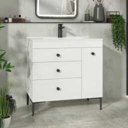 Royal Bathrooms Verona 800mm Gloss White Floor Standing Vanity Unit 3 Drawer & Side Pull Out Storage Ceramic Basin - Black Knob - thumbnail 1