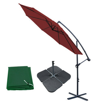 Sundaze 3M Wine Red Cantilever Banana Parasol Crank Handle Patio Garden Umbrella With Base Weights & Cover - image 1