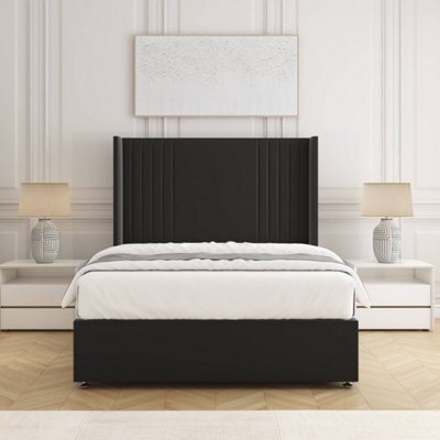 Bsspoke Cheshire Divan Bed Set Black Plush Velvet 54Inch Panel Headboard & Mattress No Drawers In 3Ft 4Ft 4Ft6 5Ft 6Ft - image 1
