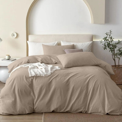Oxford Homeware Beige Super King Plain Dyed Duvet Cover, Fitted Sheet & Pillowcases Set 4 Piece Bed Sets