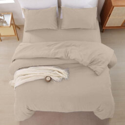 Oxford Homeware Beige Super King Plain Dyed Duvet Cover, Fitted Sheet & Pillowcases Set 4 Piece Bed Sets - thumbnail 6