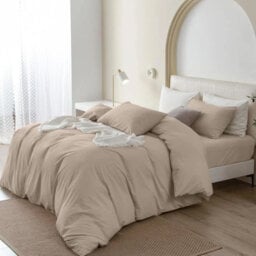 Oxford Homeware Beige Super King Plain Dyed Duvet Cover, Fitted Sheet & Pillowcases Set 4 Piece Bed Sets - thumbnail 2