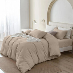 Oxford Homeware Beige Super King Plain Dyed Duvet Cover, Fitted Sheet & Pillowcases Set 4 Piece Bed Sets - thumbnail 3