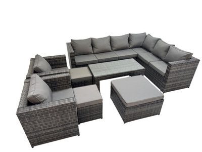 Fimous Outdoor Rattan Oblong Coffee Table Corner Sofa Sets Garden Furniture Set With 2 Chairs 2 Small Stools Dark Grey Mixed - image 1