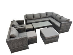 Fimous Outdoor Rattan Oblong Coffee Table Corner Sofa Sets Garden Furniture Set With 2 Chairs 2 Small Stools Dark Grey Mixed - thumbnail 1