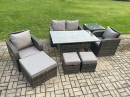Fimous Rattan Outdoor Garden Furniture Set Rectangular Dining Table And Chair Sofa Set With Side Table 3 Footstools - thumbnail 2