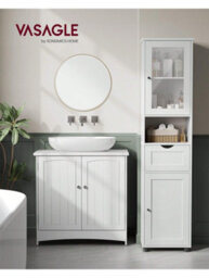 Vasagle Tall Bathroom Cabinet, Slim Bathroom Storage Cupboard, Open Shelf, Glass Door, Adjustable Shelves - thumbnail 1