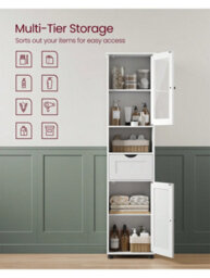 Vasagle Tall Bathroom Cabinet, Slim Bathroom Storage Cupboard, Open Shelf, Glass Door, Adjustable Shelves - thumbnail 2