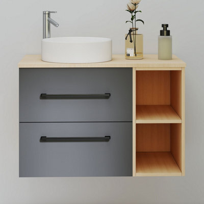 Probaty Bathrooms 790X460mm Vanity Unit Anthracite And Wood Color Mdf,wall Mounted,2 Drawers With White Ceramic Basin - image 1