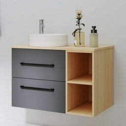 Probaty Bathrooms 790X460mm Vanity Unit Anthracite And Wood Color Mdf,wall Mounted,2 Drawers With White Ceramic Basin - thumbnail 2