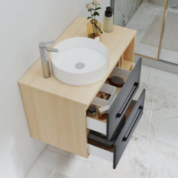 Probaty Bathrooms 790X460mm Vanity Unit Anthracite And Wood Color Mdf,wall Mounted,2 Drawers With White Ceramic Basin - thumbnail 3