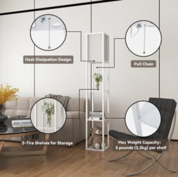 Wood Floor Lamp Free Standing 3-Tier Storage Shelf Reading Bedroom Living Room - thumbnail 4