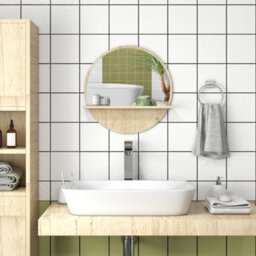 Kleankin Round Mirror For Wall Makeup Mirror With Shelf Natural Wood Effect