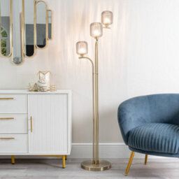 Valuelights Amelie Gold Stem 3 Way Ribbed Glass Shade Floor Lamp And Bulbs