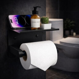 Billtix Toilet Roll Holder Wall Mounted With Shelf, Stainless Steel Toilet Paper Holder, Self Adhesive Storage Holder Black - thumbnail 8