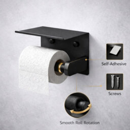 Billtix Toilet Roll Holder Wall Mounted With Shelf, Stainless Steel Toilet Paper Holder, Self Adhesive Storage Holder Black - thumbnail 4