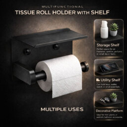 Billtix Toilet Roll Holder Wall Mounted With Shelf, Stainless Steel Toilet Paper Holder, Self Adhesive Storage Holder Black - thumbnail 5