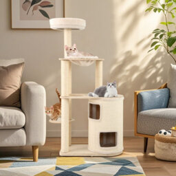 Costway Tall Cat Tree For Indoor Cats Modern Wood Cat Tower-Natural - thumbnail 8