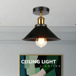 Black Vintage Ceiling Light Semi-Flush Mount With Metal E27 Holder Cone Lampshade For Livingroom Bedroom Hallway Kitchen With Bulb - thumbnail 2
