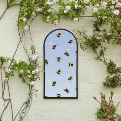 Mirroroutlet The Typis Black Metal Edged Arch Garden Wall Mirror With Bumble Bee Decals 120Cm X 60Cm - image 1