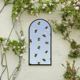 Mirroroutlet The Typis Black Metal Edged Arch Garden Wall Mirror With Bumble Bee Decals 120Cm X 60Cm - thumbnail 1