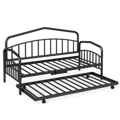 Single Daybed With Rolling Pull Out Trundle Day & Lockable Wheels Bed Frame - image 1