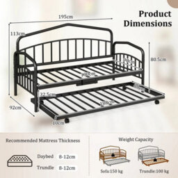 Single Daybed With Rolling Pull Out Trundle Day & Lockable Wheels Bed Frame - thumbnail 2
