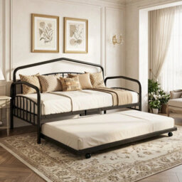 Single Daybed With Rolling Pull Out Trundle Day & Lockable Wheels Bed Frame - thumbnail 5