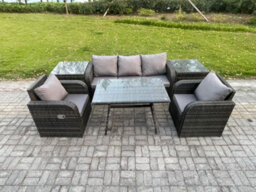 Fimous Rattan Wicker Garden Furniture Patio Conservatory Sofa Set With Dining Table Reclining Chair 2 Side Tables - thumbnail 2