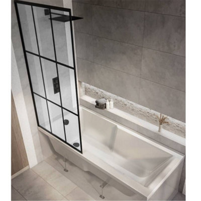 Homestylestore White 1700 X 750mm Bathroom Single Ended Square Shower Bath With Black Grid Screen - image 1