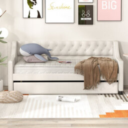 Costway Single Size Trundle Bed Linen Upholstered Daybed W/ Trundle Sofa Bed Frame - thumbnail 5