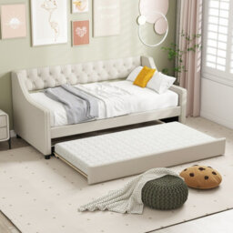 Costway Single Size Trundle Bed Linen Upholstered Daybed W/ Trundle Sofa Bed Frame