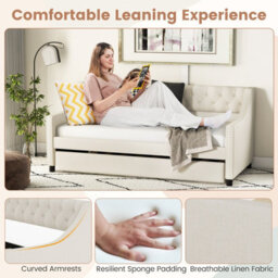 Costway Single Size Trundle Bed Linen Upholstered Daybed W/ Trundle Sofa Bed Frame - thumbnail 7