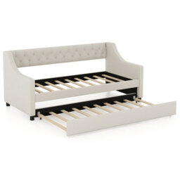 Costway Single Size Trundle Bed Linen Upholstered Daybed W/ Trundle Sofa Bed Frame - thumbnail 2
