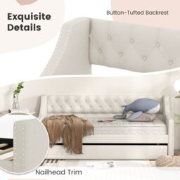 Costway Single Size Trundle Bed Linen Upholstered Daybed W/ Trundle Sofa Bed Frame - thumbnail 9