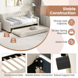 Costway Single Size Trundle Bed Linen Upholstered Daybed W/ Trundle Sofa Bed Frame - thumbnail 8