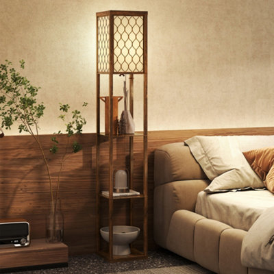 Homcom Modern Floor Lamp Light With 3 Shelves Fabric Lampshade, Rustic Brown - image 1