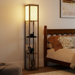 Homcom Modern Floor Lamp Light With 3 Shelves Fabric Lampshade, Rustic Brown - thumbnail 9