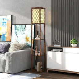 Homcom Modern Floor Lamp Light With 3 Shelves Fabric Lampshade, Rustic Brown - thumbnail 8