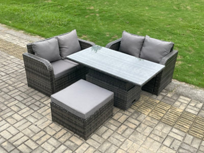 Fimous Outdoor Rattan Furniture Garden Dining Set Height Adjustable Rising Lifting Table Love Sofa Set With Big Footstool - image 1
