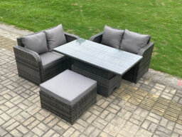 Fimous Outdoor Rattan Furniture Garden Dining Set Height Adjustable Rising Lifting Table Love Sofa Set With Big Footstool - thumbnail 2