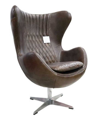 Aviator Retro Swivel Egg Armchair Vintage Brown Real Distressed Leather - image 1