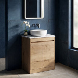 Balterley Chartley Contemporary Floor Standing 2 Door Vanity Unit With Carrera Marble Laminate Worktop, 600mm, Autumn Oak - thumbnail 2