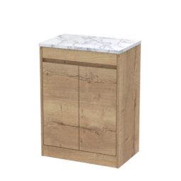 Balterley Chartley Contemporary Floor Standing 2 Door Vanity Unit With Carrera Marble Laminate Worktop, 600mm, Autumn Oak - thumbnail 1
