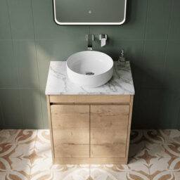 Balterley Chartley Contemporary Floor Standing 2 Door Vanity Unit With Carrera Marble Laminate Worktop, 600mm, Autumn Oak - thumbnail 3