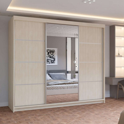 M N Furniture Ltd Prism Spacious 3-Door Sliding Mirror Wardrobe Available In White, Oak, Cashmere, Artisan Colors - Oak 250Cm - image 1