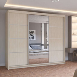 M N Furniture Ltd Prism Spacious 3-Door Sliding Mirror Wardrobe Available In White, Oak, Cashmere, Artisan Colors  - Oak 250Cm - thumbnail 1