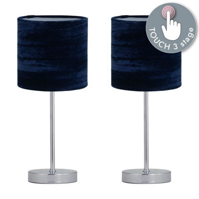 First Choice Lighting Set Of 2 Chrome Touch Table Lamp With Navy Blue Crushed Velvet Shades - image 1